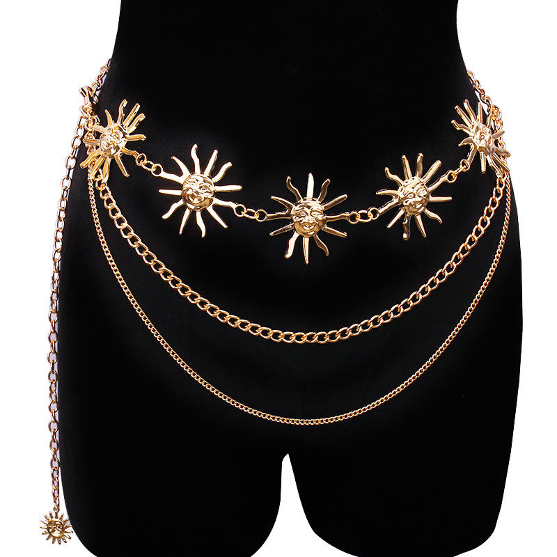 Women Sun Moon Metal Chain Link Belt Extension Chain Waist Wrap