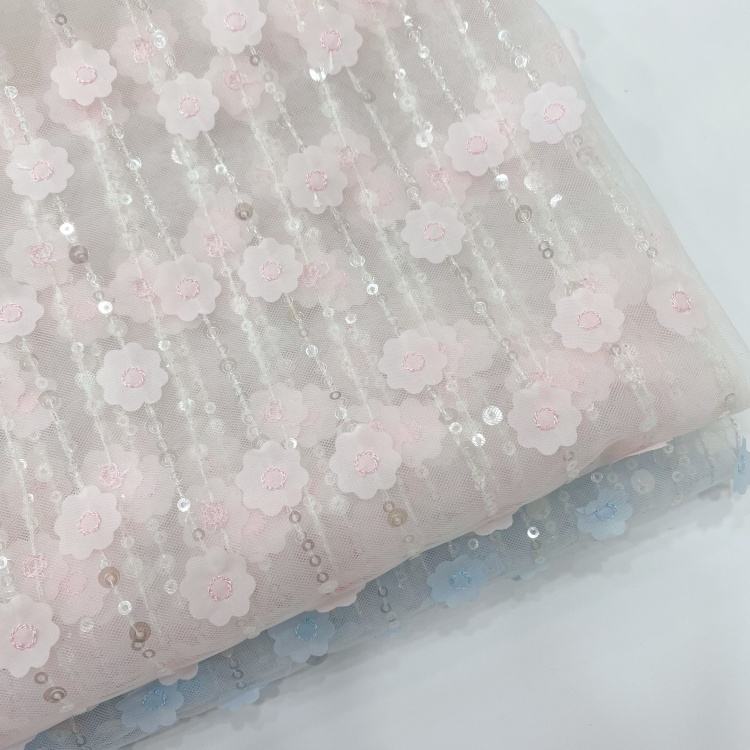 Mesh Sequin Embroidered Dress Fabric for Children's Wear 3d Embroidered Lace Fabric
