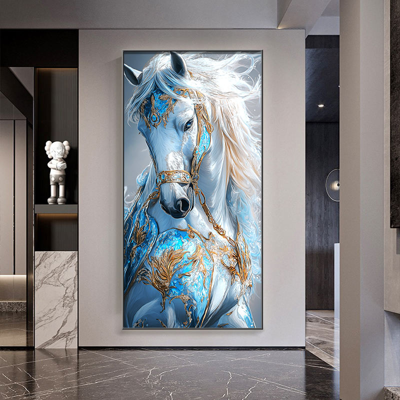 Customized High Quality Luxury Style Diamond Painting Brilliant LED Decorative Painting for Living Room Blue Horse Home Wall Art