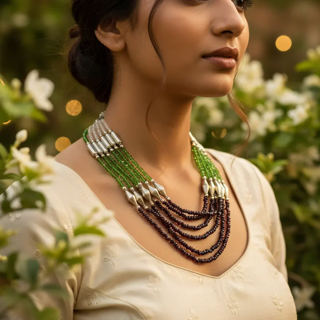 Women's Fashion Green & Black Beaded Necklace Bohemian Style with Gold Plated Chains Trendy with Turquoise Agate & Pearl Gift